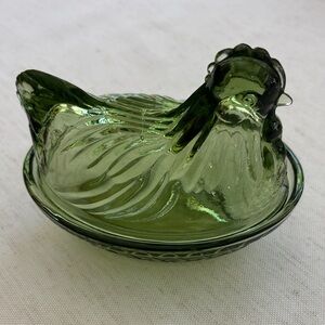 Vintage Small Green Glass Hen Dish